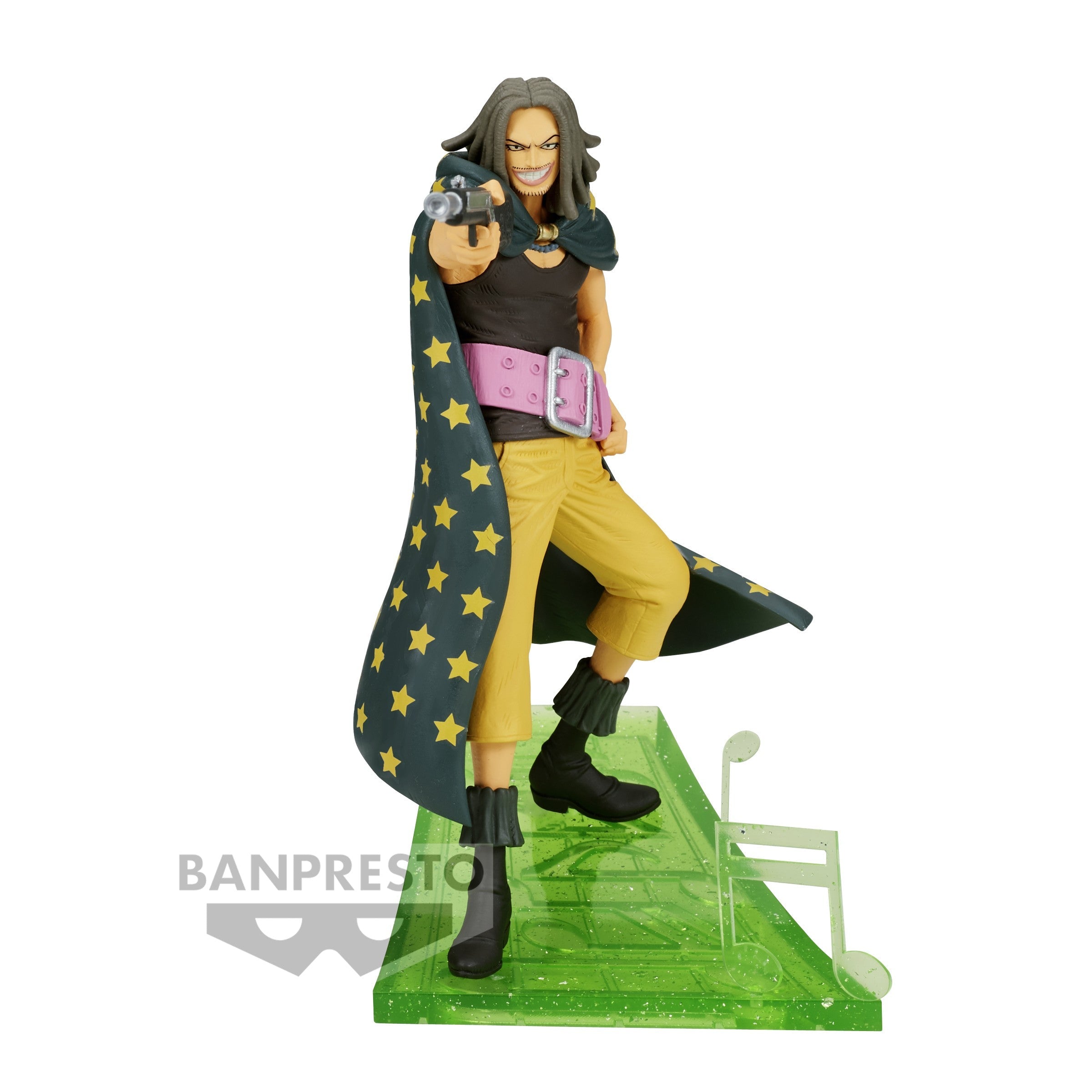 Figurine de Yasopp, tireur d'élite de One Piece, mesurant 12 cm, dans une pose dynamique avec une arme à la main, reposant sur une note de musique.