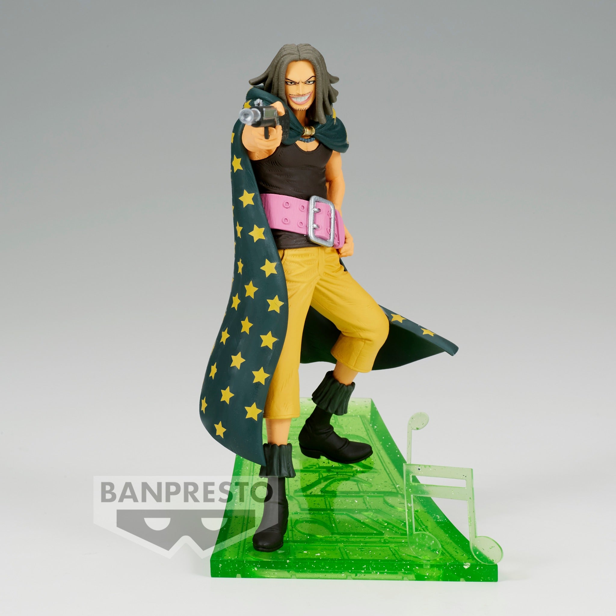 Figurine de Yasopp, tireur d'élite de One Piece, mesurant 12 cm, dans une pose dynamique avec une arme à la main, reposant sur une note de musique.