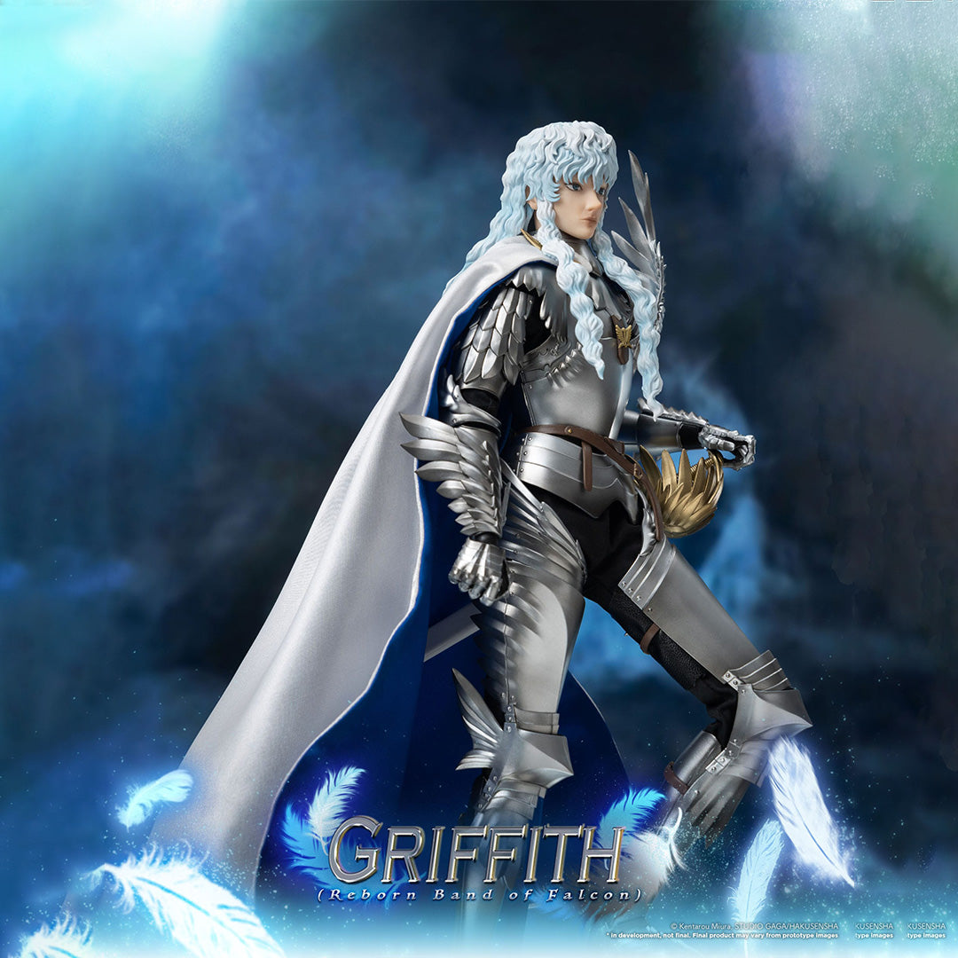 Vue 3/4 de face à mi-distance de la figurine de Griffith de Berserk en armure avec cape, sans emballage visible.