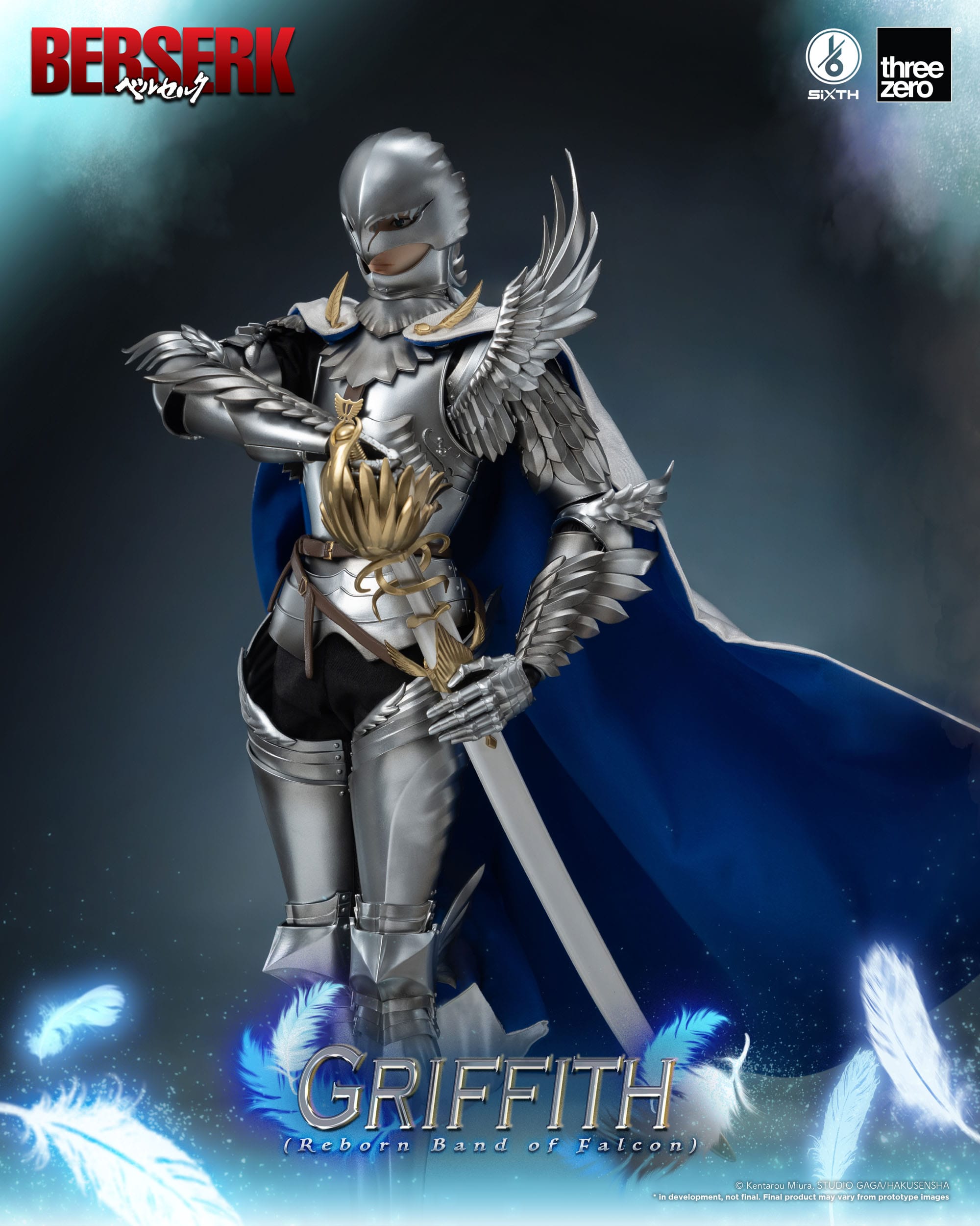 Vue 3/4 de face à mi-distance de la figurine de Griffith de Berserk en armure argentée avec une cape bleue, tenant une épée.