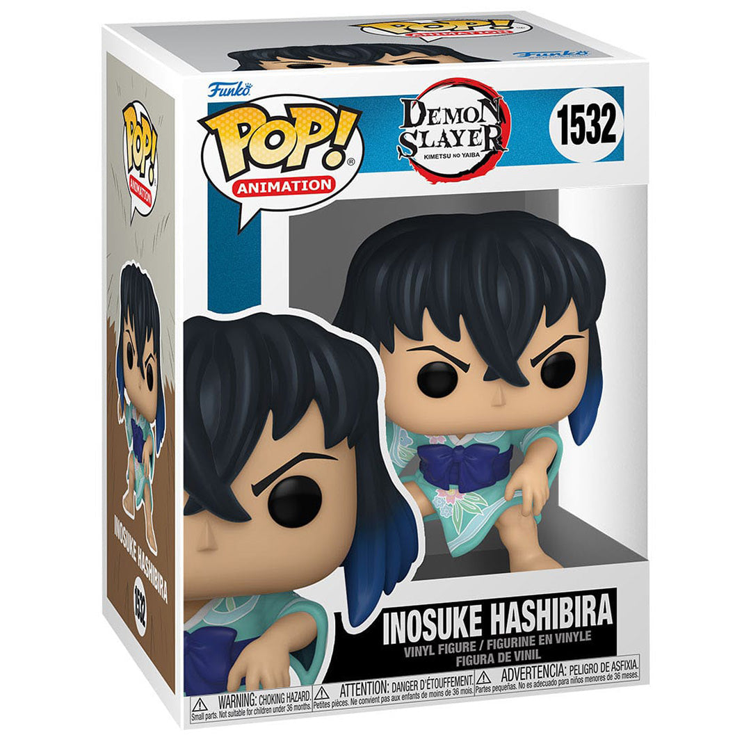 Vue de face avec plan rapproché de la figurine Pop! d'Inosuke Hashibira de Demon Slayer en kimono vert, expression joueuse.