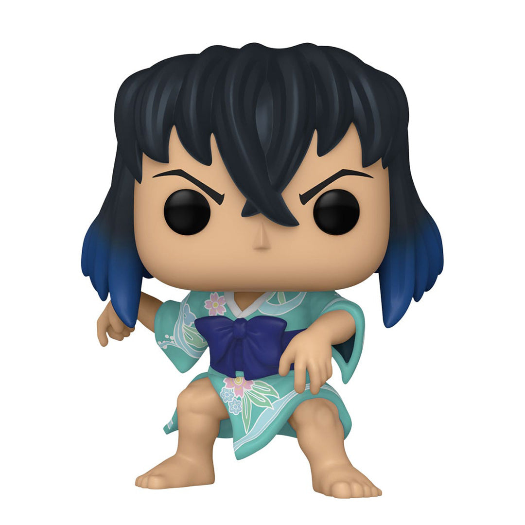 Vue 3/4 à proximité de la figurine Funko Pop! d'Inosuke Hashibira de Demon Slayer en kimono bleu clair avec un nœud.