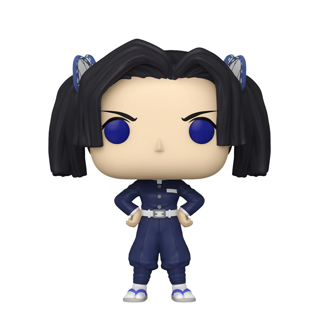 Vue de face avec plan rapproché moyen de la figurine Funko Pop! Aoi Kanzaki de Demon Slayer en uniforme bleu, mains sur les hanches.