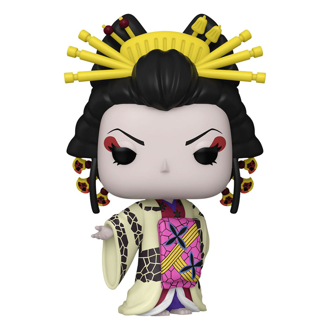 Vue de face avec plan rapproché de la figurine Funko Pop! Daki de Demon Slayer: Kimetsu no Yaiba en kimono coloré, bras tendu.