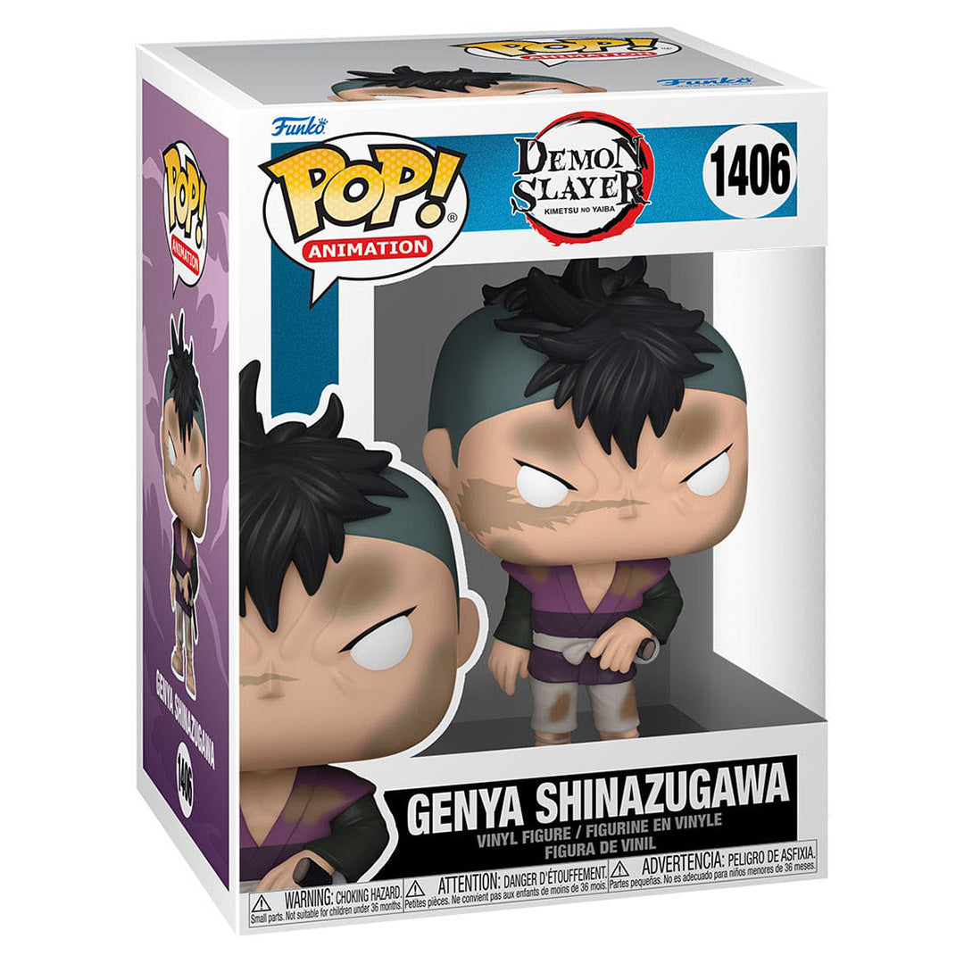 Vue de face avec plan rapproché moyen de la figurine Funko Pop! de Genya Shinazugawa de Demon Slayer, en tenue sombre, avec une épée à côté.