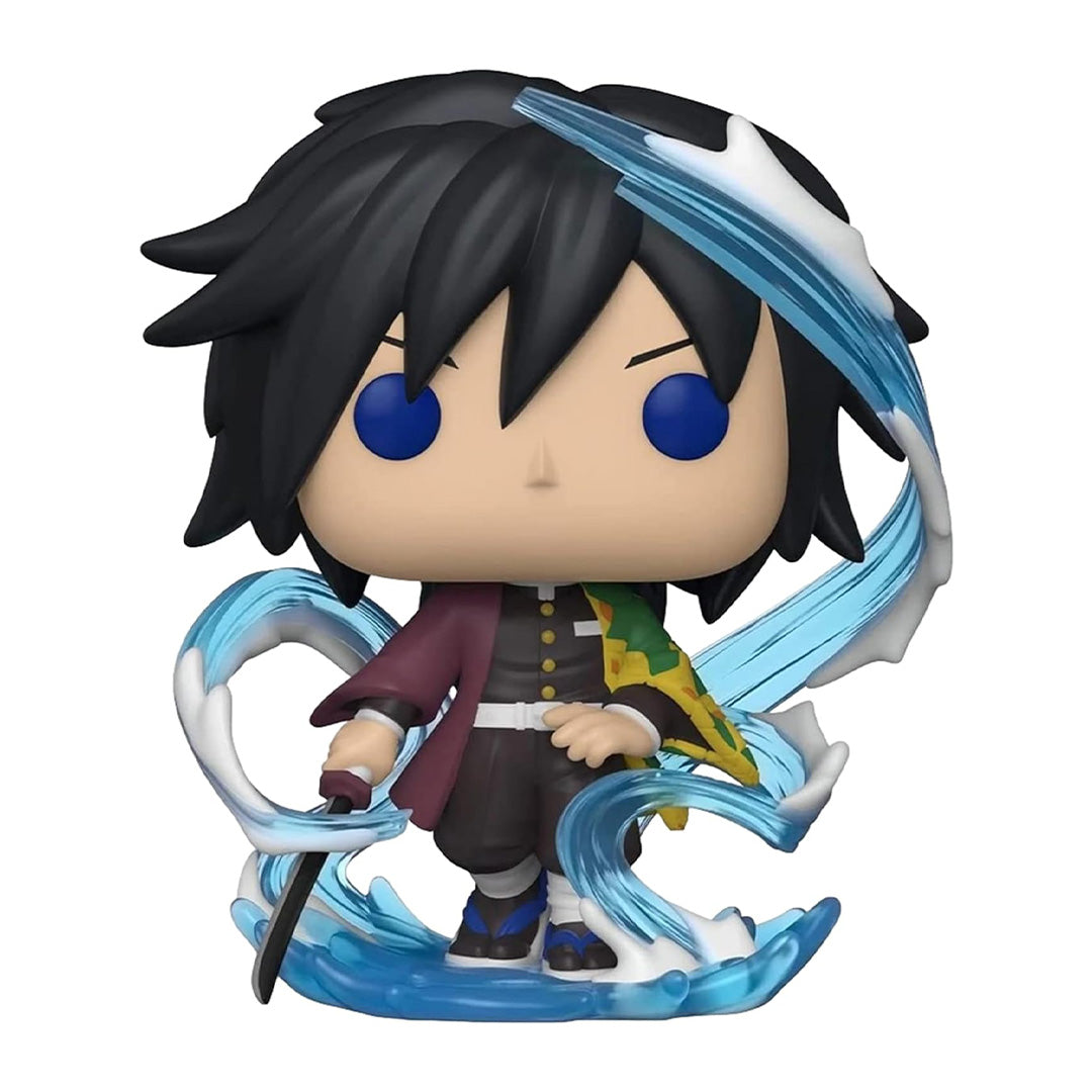 Vue 3/4 de près de la figurine Funko Pop de Giyu Tomioka de Demon Slayer, en uniforme noir avec haori vert et jaune, tenant un katana.