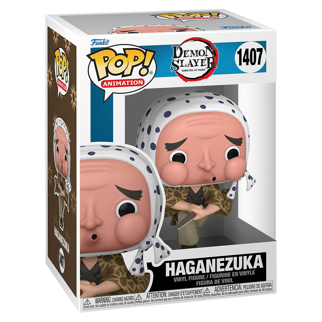 Vue 3/4 de face à mi-distance de la figurine Funko Pop! de Haganezuka de Demon Slayer en tenue traditionnelle, tenant un katana.