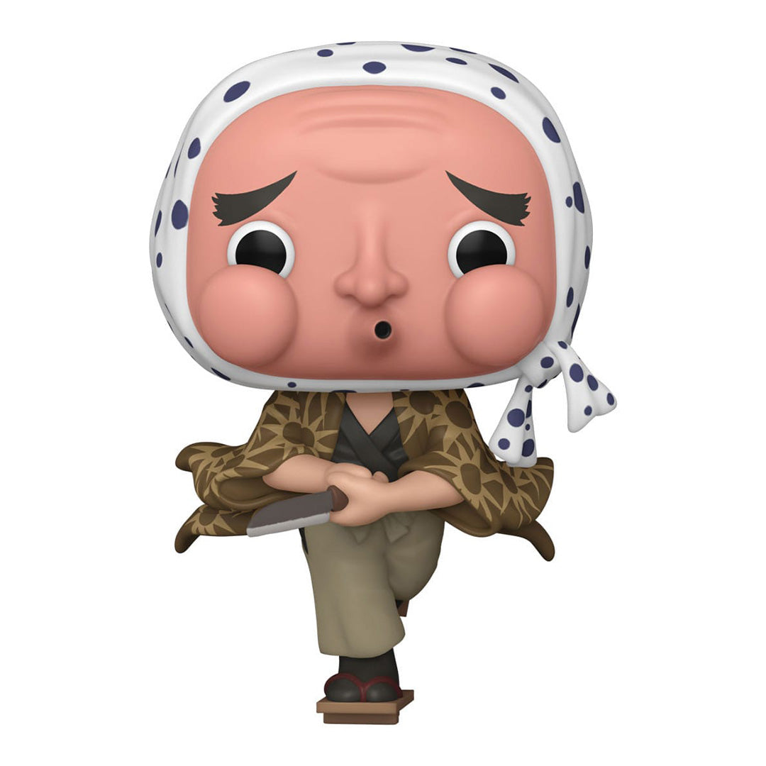 Vue de face avec plan rapproché moyen de la figurine Funko Pop! de Haganezuka de Demon Slayer en kimono floral, tenant un petit couteau.