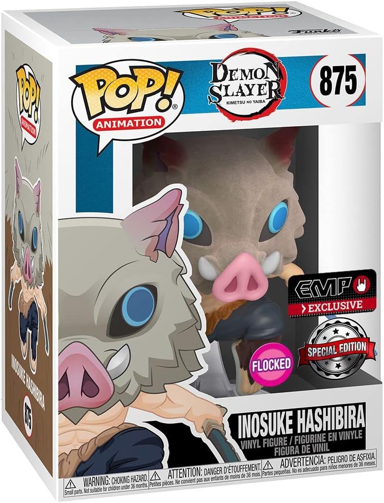Vue de face avec plan rapproché de la figurine Pop d'Inosuke Hashibira de Demon Slayer, portant un masque de sanglier.
