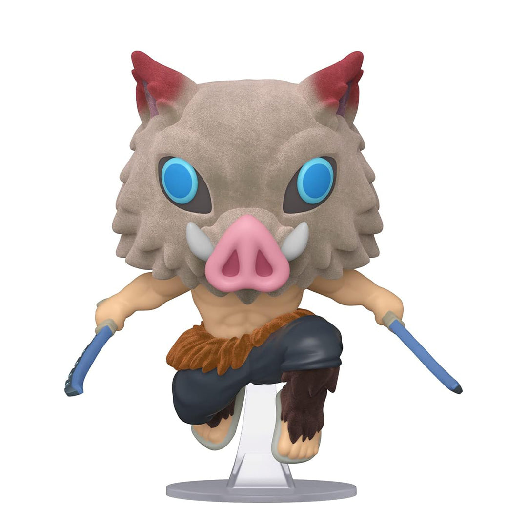 Vue 3/4 à mi-distance de la figurine Funko Pop! d'Inosuke Hashibira de Demon Slayer en pagne, tenant deux épées bleues.