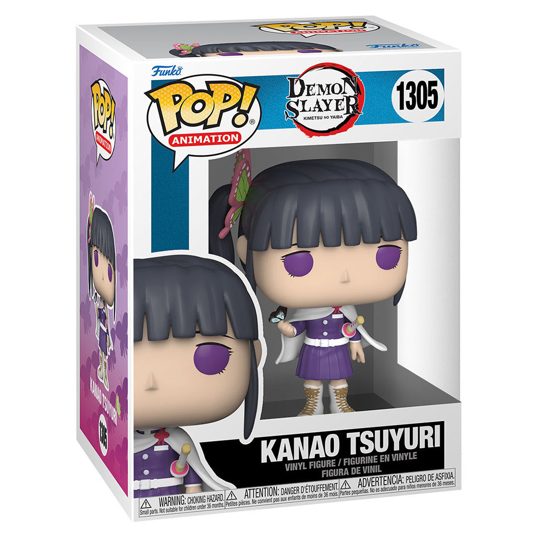 Vue de face avec plan rapproché moyen de la figurine Funko Pop! de Kanao Tsuyuri de Demon Slayer, tenant un katana et portant un obi blanc.