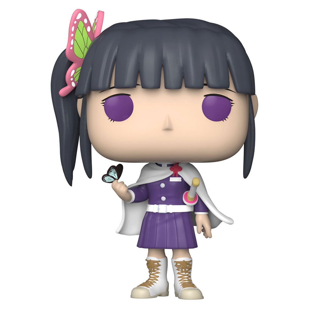 Vue 3/4 à mi-distance de la figurine Pop de Kanao Tsuyuri de Demon Slayer, en kimono violet avec un papillon dans la main gauche.