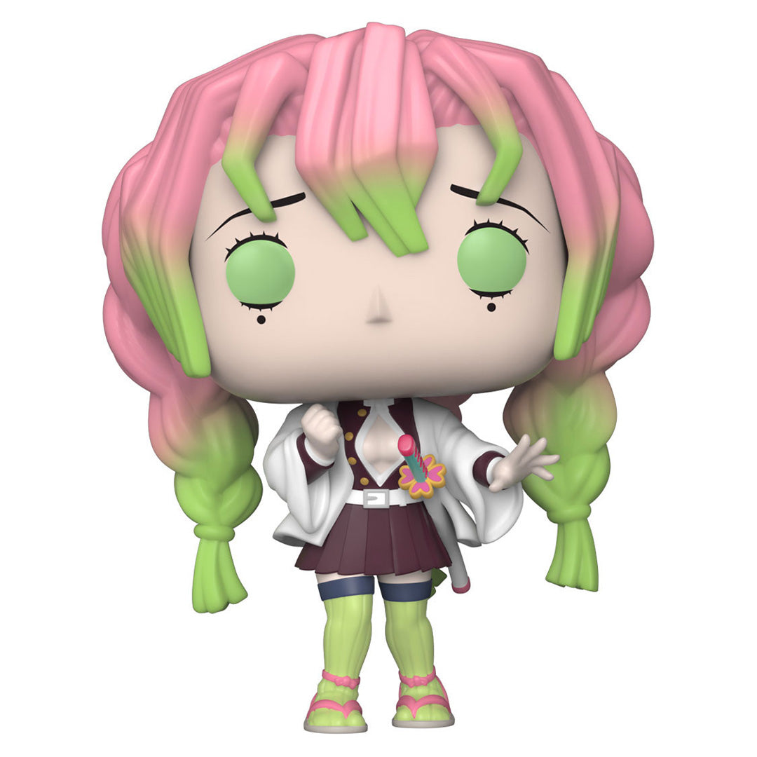 Vue de face avec plan rapproché moyen de la figurine Funko Pop! de Mitsuri Kanroji de Demon Slayer en tenue traditionnelle, main levée.