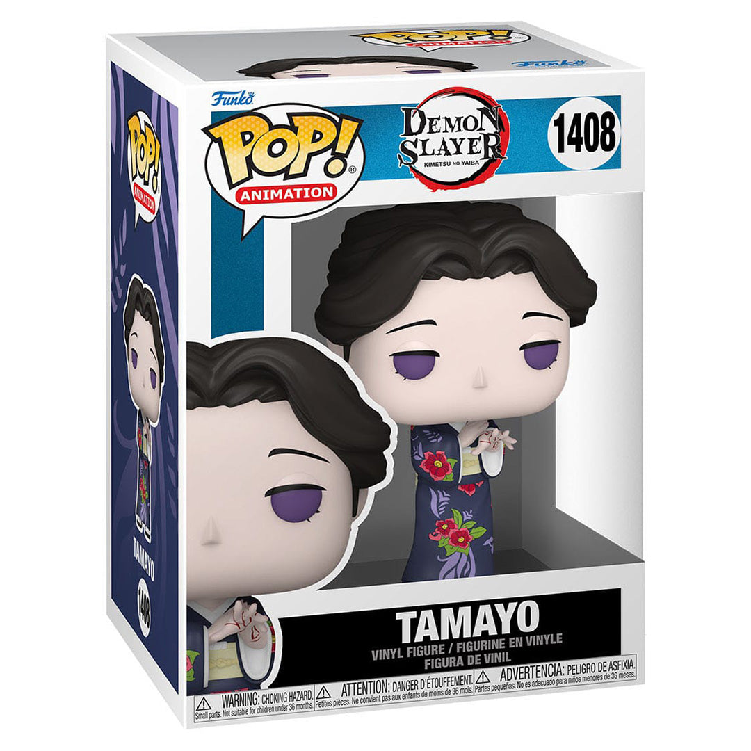 Vue de face avec plan rapproché moyen de la figurine Funko Pop! de Tamayo de Demon Slayer en kimono fleuri, tenant un petit objet.