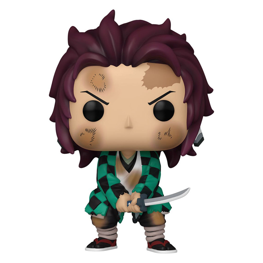 Vue de face en plan rapproché de la figurine Funko Pop! de Tanjiro Kamado de Demon Slayer, en haori à carreaux, tenant un katana.