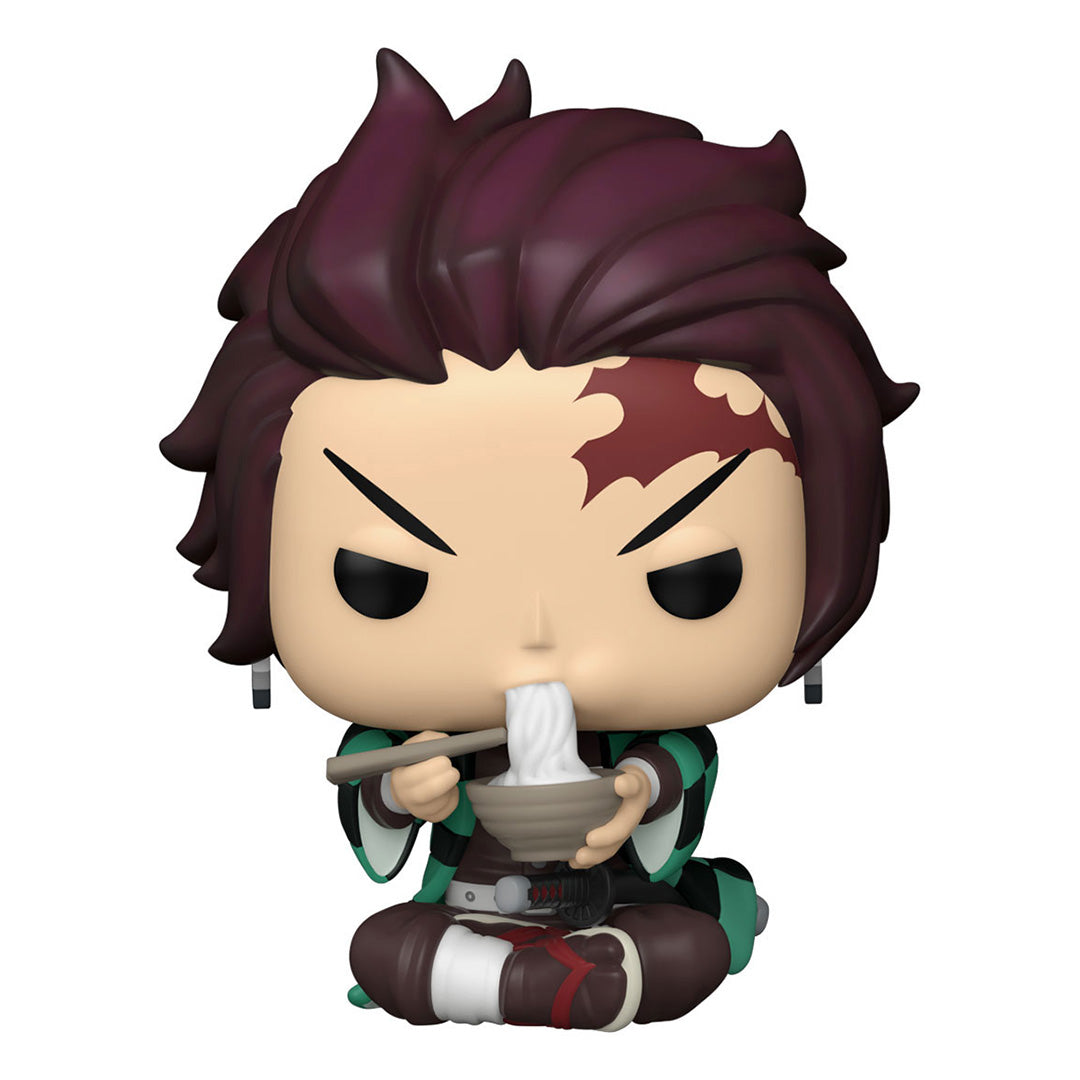 Vue de face avec plan rapproché moyen de la figurine Funko Pop! de Tanjiro Kamado de Demon Slayer, assis avec un bol de nouilles.