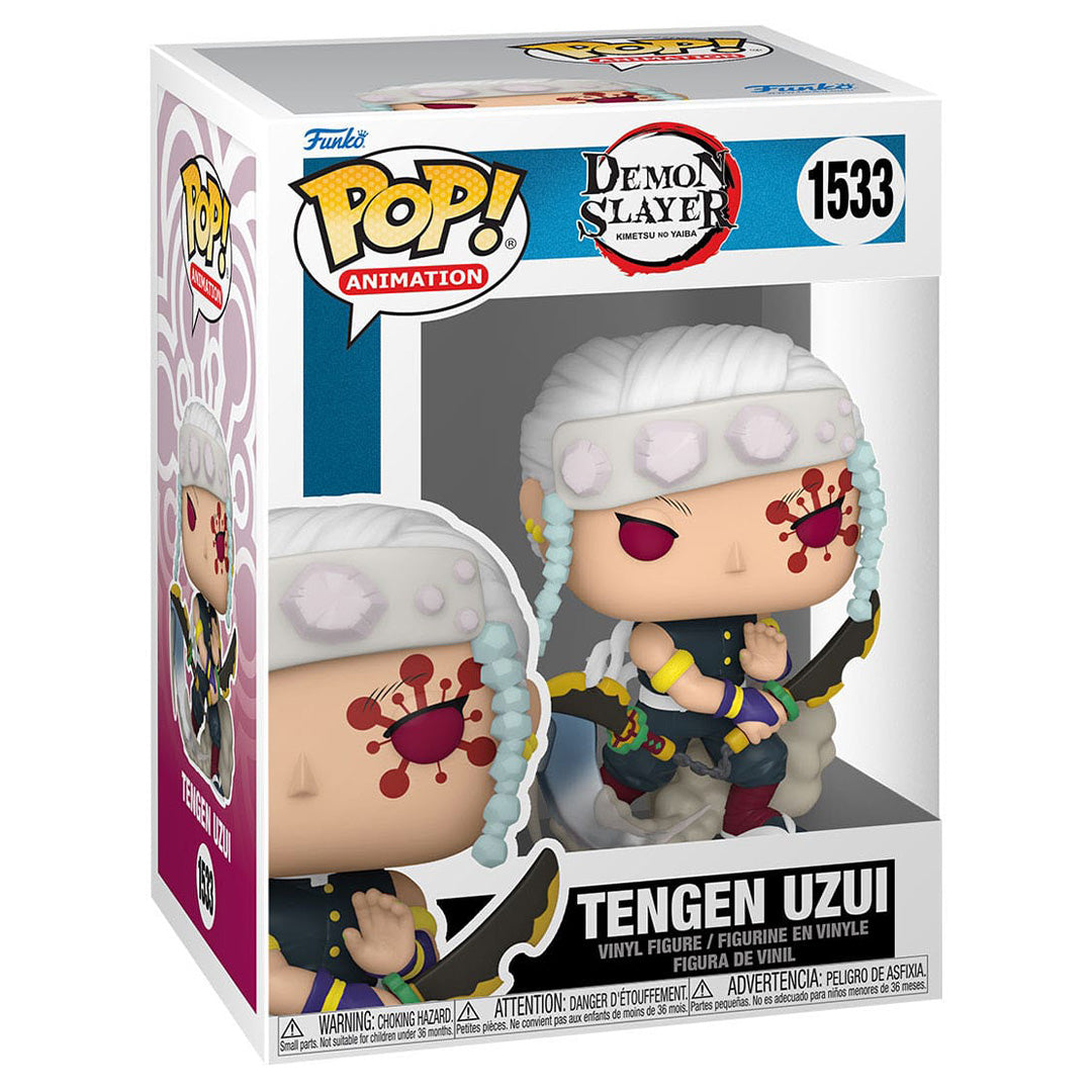 Vue de face avec plan rapproché moyen de la figurine Funko Pop! Tengen Uzui de Demon Slayer en uniforme de chasseur de démons, tenant des lames courbées.
