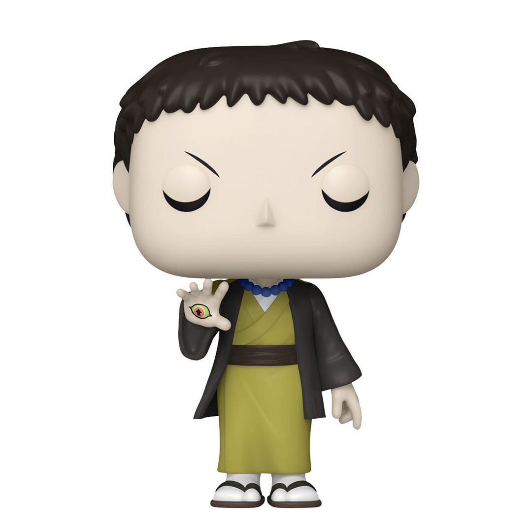 Vue de face avec plan rapproché de la figurine Funko Pop de Yahaba de Demon Slayer: Kimetsu no Yaiba, en kimono noir, tenant un œil sur sa main.