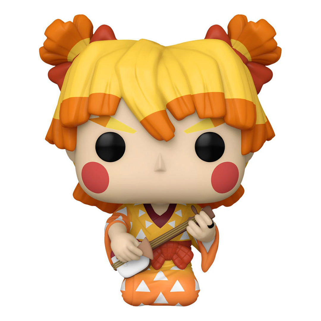 Vue de face en plan rapproché de la figurine Funko Pop! de Zenitsu Agatsuma de Demon Slayer en yukata stylisé, tenant un shamisen.