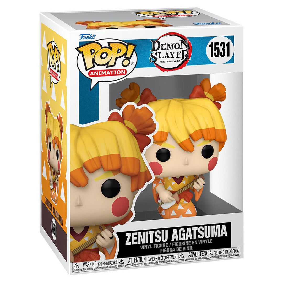 Vue de face avec plan moyen de la figurine Funko Pop! de Zenitsu Agatsuma de Demon Slayer en kimono jaune et orange, tenant un shamisen.