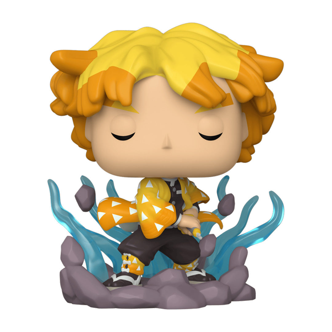 Vue de face avec plan rapproché de la figurine Funko Pop! de Zenitsu Agatsuma de Demon Slayer, assis, yeux fermés.