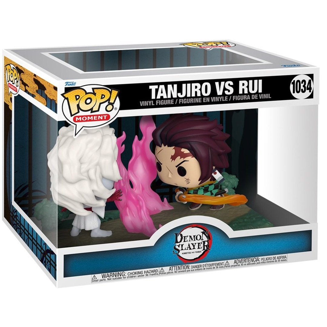 Vue 3/4 à mi-distance de la figurine Funko Pop! de Tanjiro Kamado et Rui de Demon Slayer, en posture dynamique avec épée et fils roses.