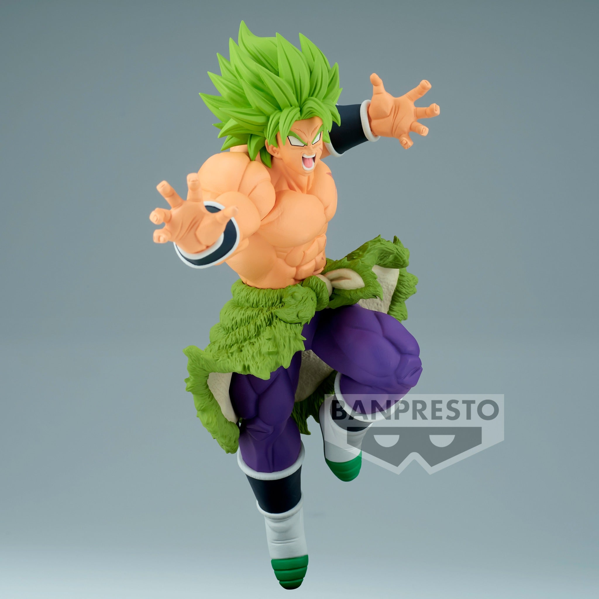 Figurine de Broly en Super Saiyan, mesurant 19 cm, détaillant son expression colérique et sa posture dynamique, fabriquée par Banpresto.