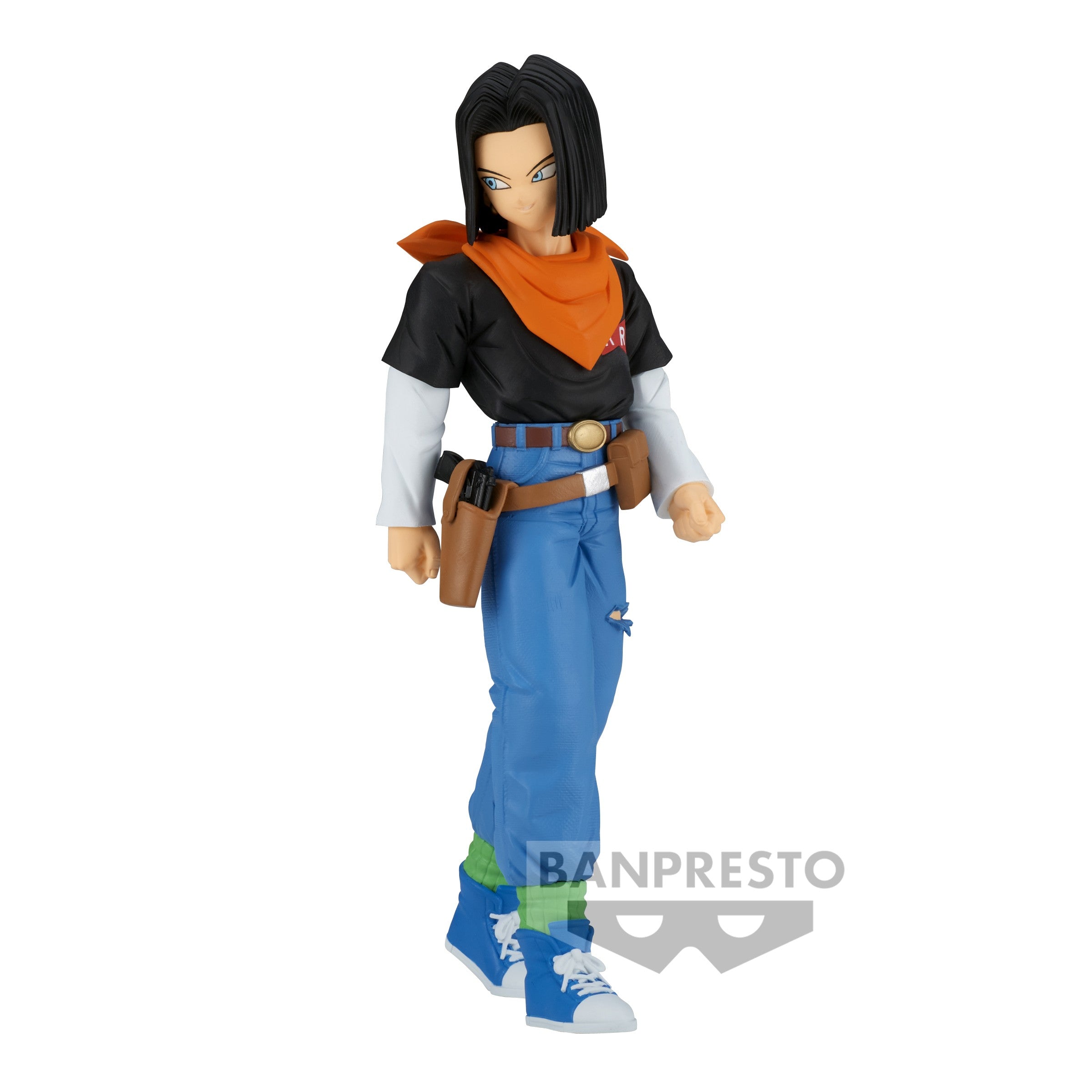Figurine d'Android 17 debout avec une posture dynamique, vêtue de son uniforme caractéristique, représentant le personnage de la série Dragon Ball Z.