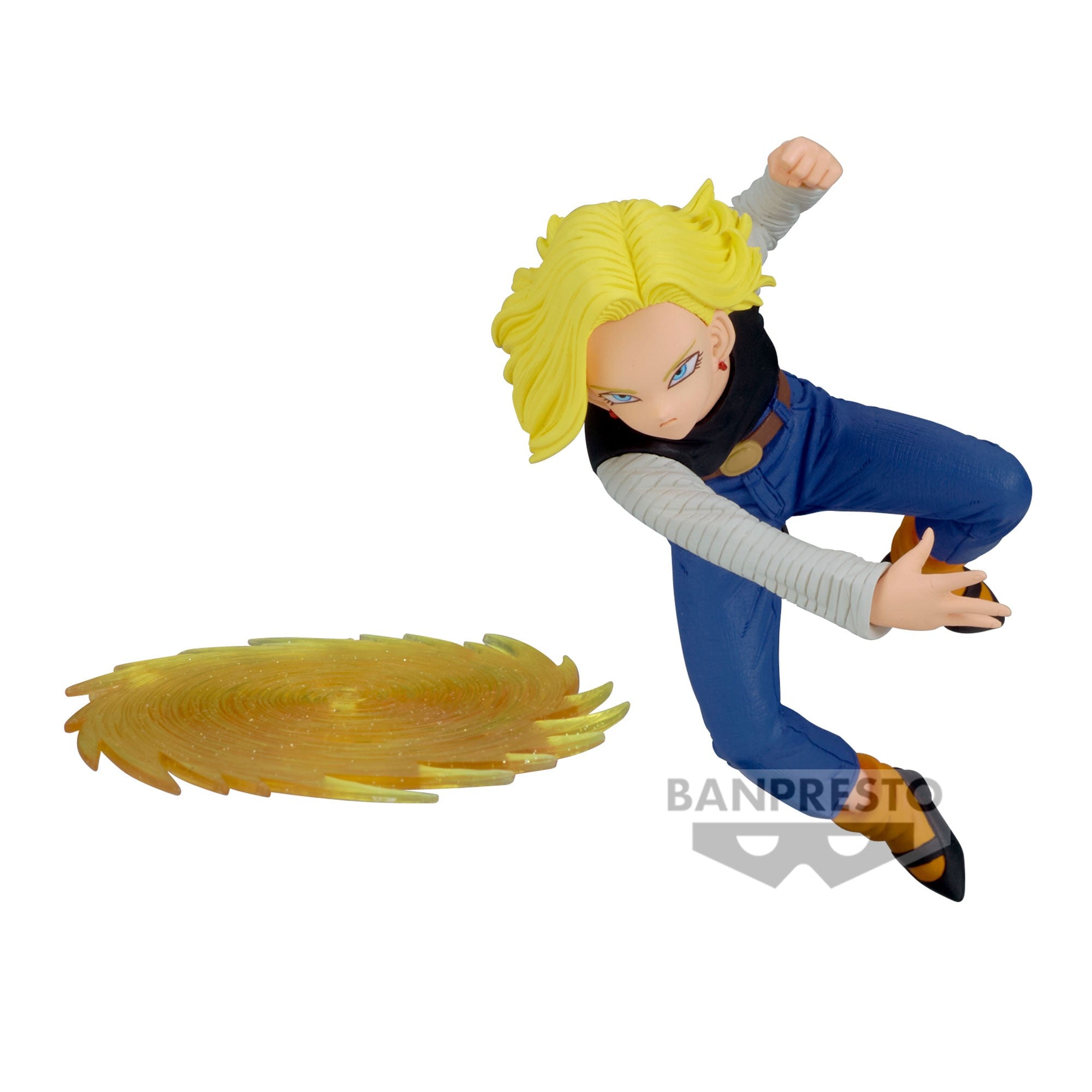 Figurine de C-18 de Dragon Ball Z, représentant le personnage en position dynamique avec un disque d'énergie, mesurant 13 cm, fabriquée par Banpresto.