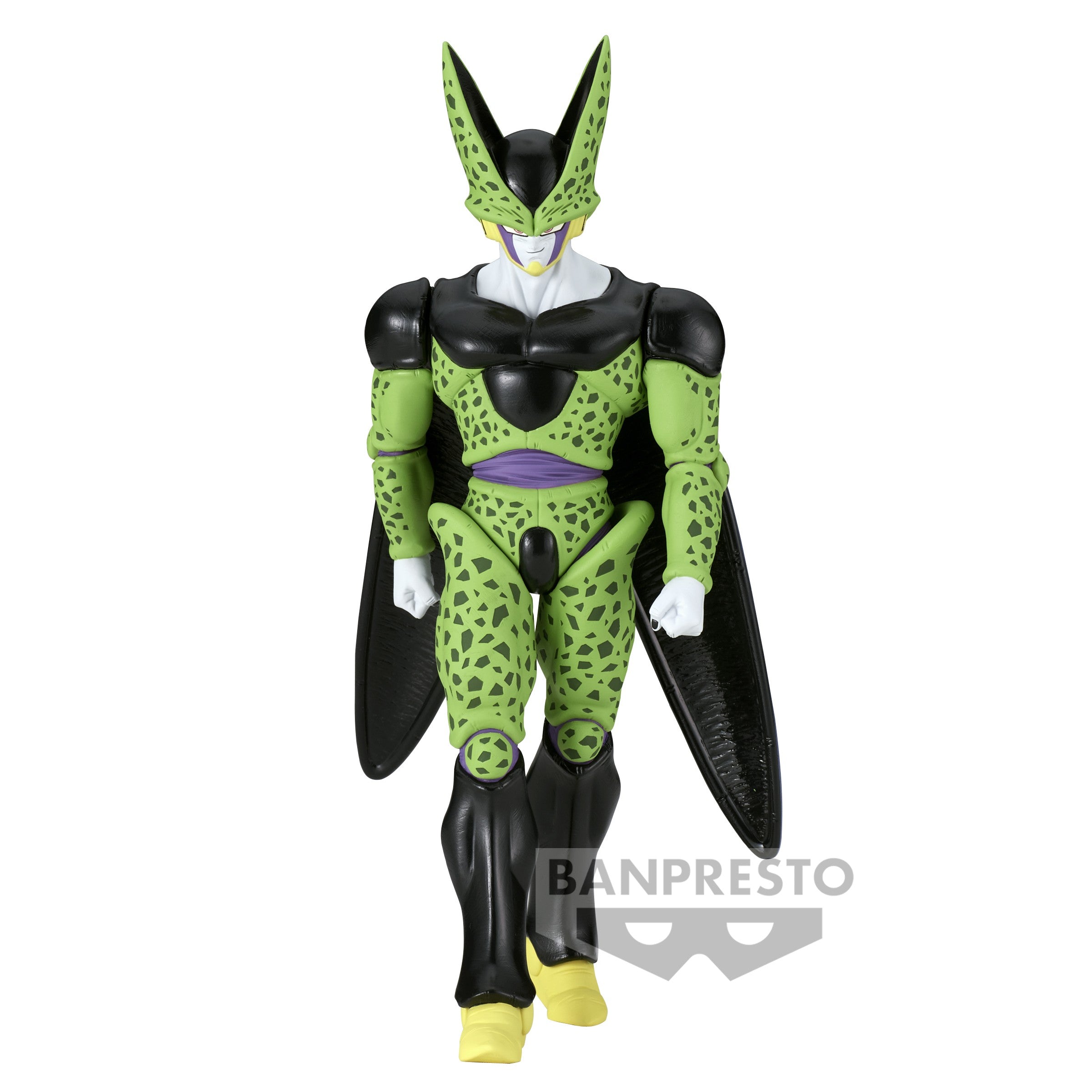 Figurine de Cell de Dragon Ball Z, représentant le personnage en pleine marche avec des détails sculptés, mesurant 20 cm de hauteur, fabriquée par Banpresto.