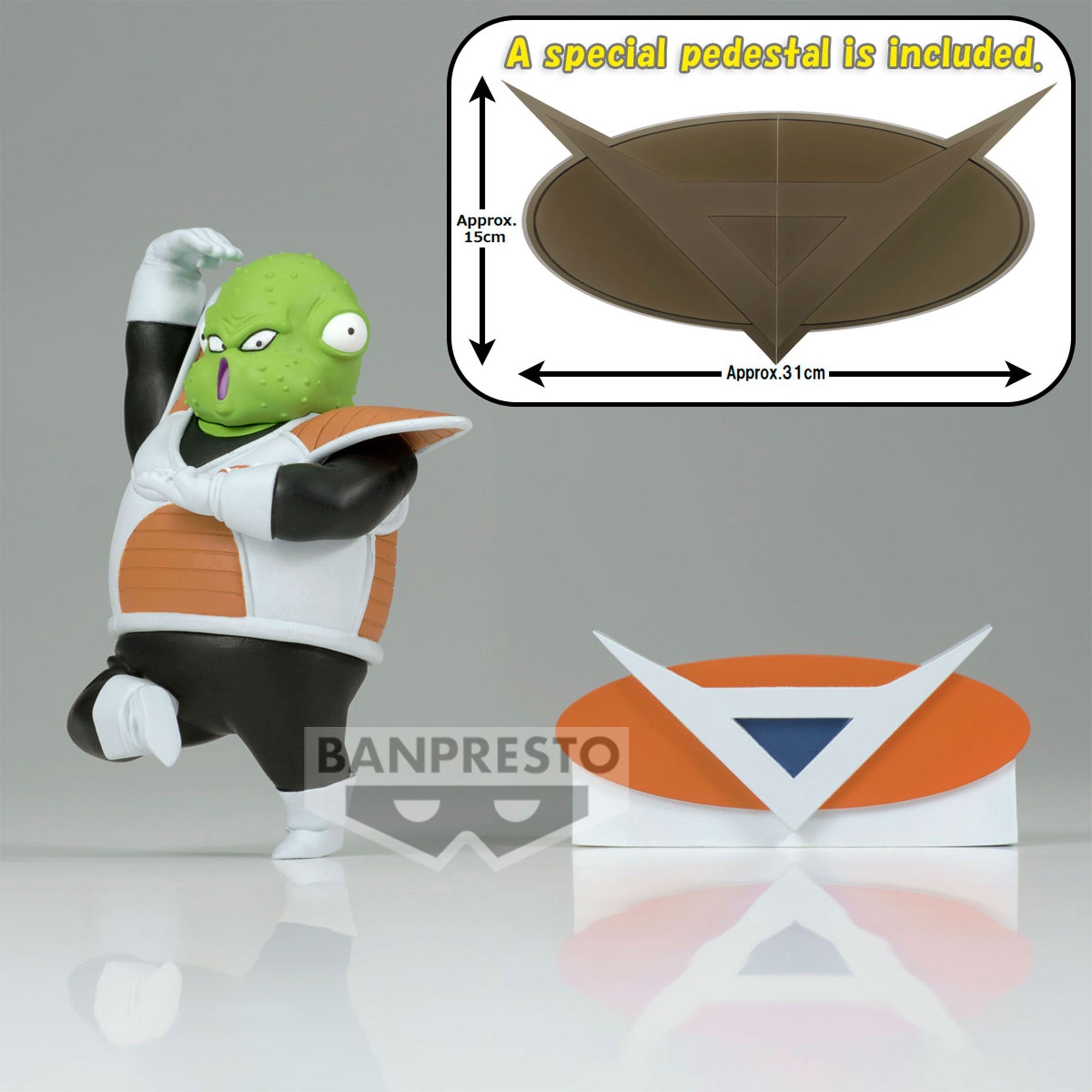 Figurine de Guldo du Commando Ginyu, mesurant 8 cm, représentant le personnage dans une pose caractéristique avec un socle spécial.