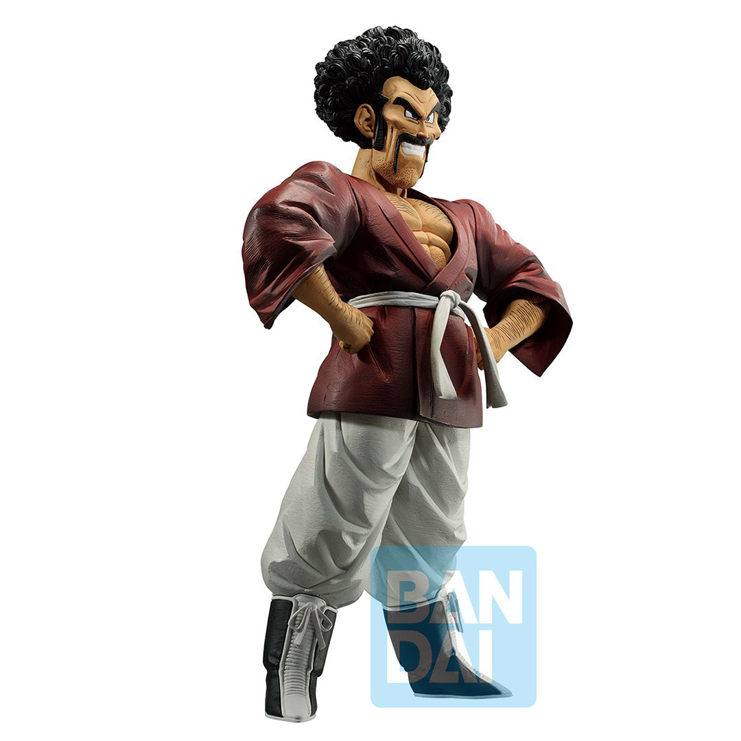 Figurine de Mr Satan en kimono avec les mains sur les hanches et un sourire confiant, mesurant 27 cm, éditée par Bandai.