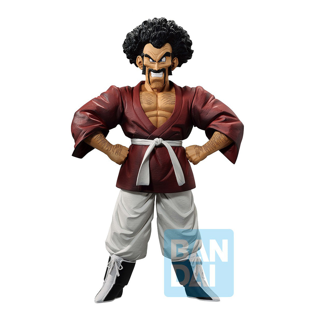 Figurine de Mr Satan en kimono avec les mains sur les hanches et un sourire confiant, mesurant 27 cm, éditée par Bandai.