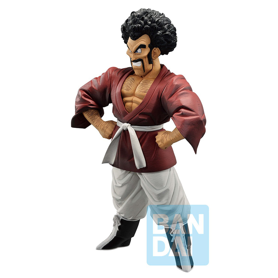 Figurine de Mr Satan en kimono avec les mains sur les hanches et un sourire confiant, mesurant 27 cm, éditée par Bandai.