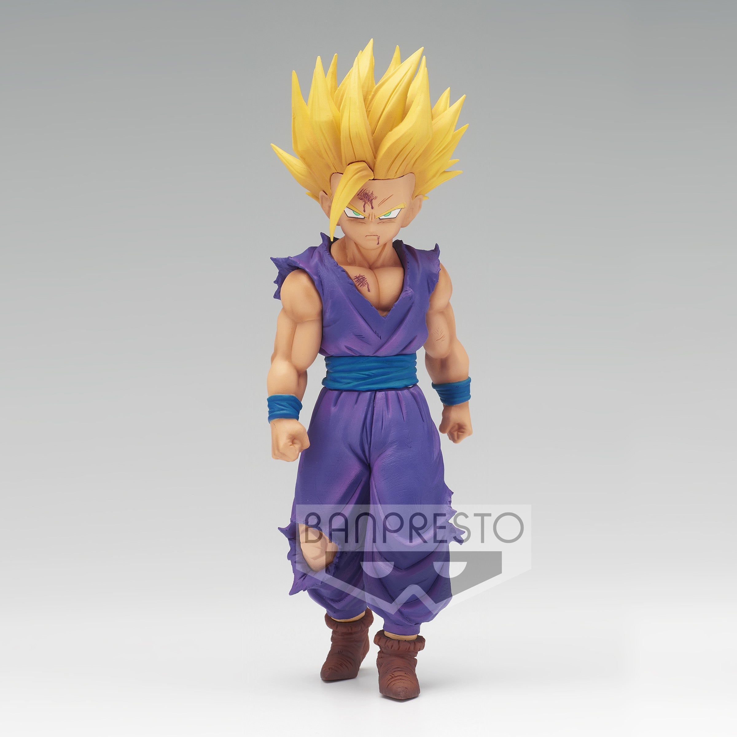 Figurine de Son Gohan en Super Saiyan 2, représentant le personnage avec des détails précis, mesurant 16 cm, fabriquée par Banpresto.