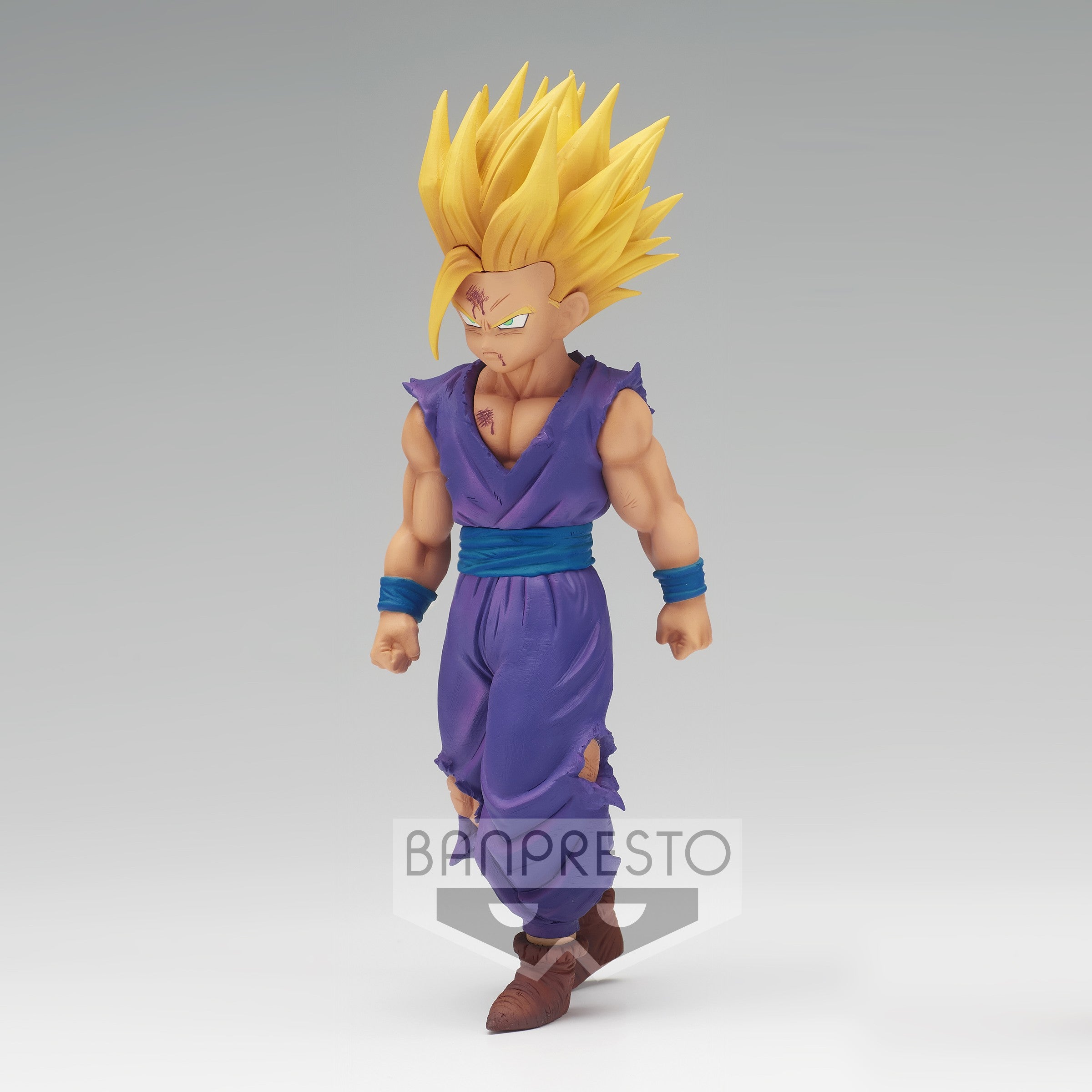 Figurine de Son Gohan en Super Saiyan 2, représentant le personnage avec des détails précis, mesurant 16 cm, fabriquée par Banpresto.