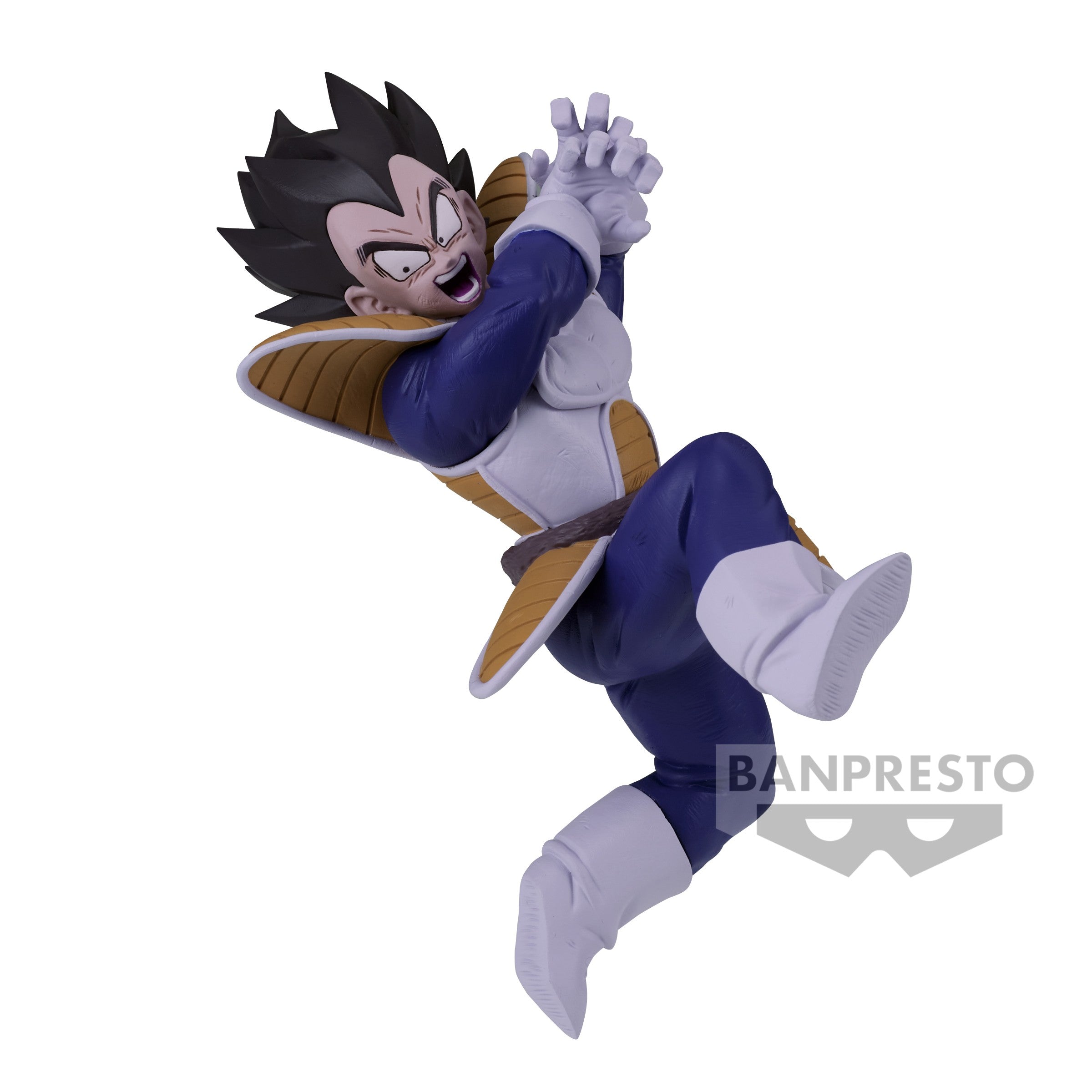 Figurine de Vegeta de Dragon Ball Z en position d'attaque, portant son armure de Saiyan, avec une aura de combat intense, mesurant 10 cm, fabriquée par Banpresto.
