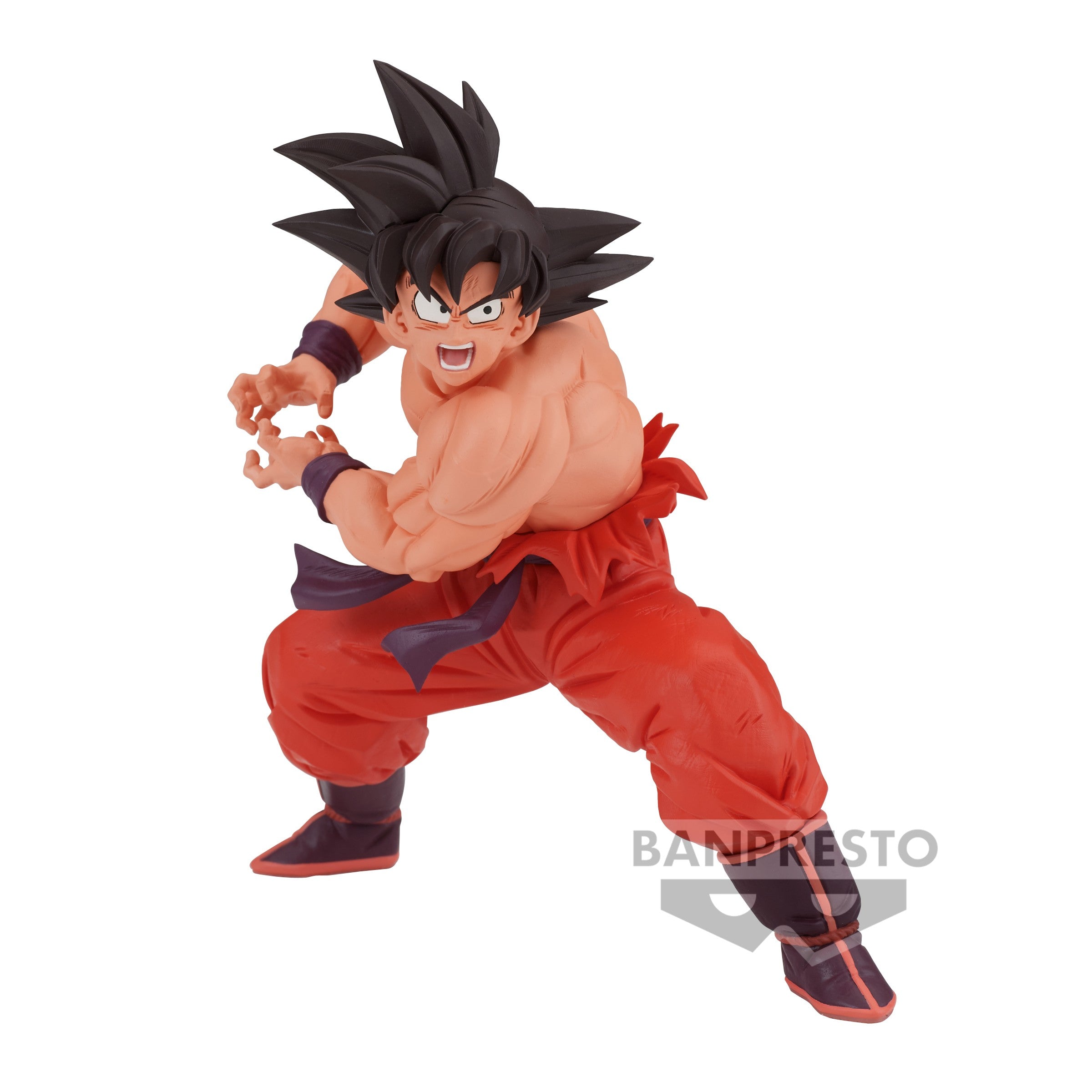 Figurine de Son Goku torse nu en train de préparer son Kamehameha, vêtue d'une tenue déchirée, représentant un moment emblématique de Dragon Ball Z.
