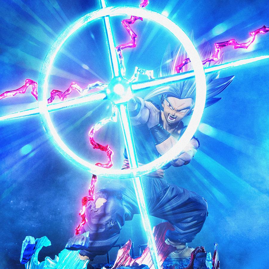 Figurine de Son Gohan utilisant la technique Makankosappo, représentant un personnage de Dragon Ball Super avec un faisceau d'énergie concentrée.