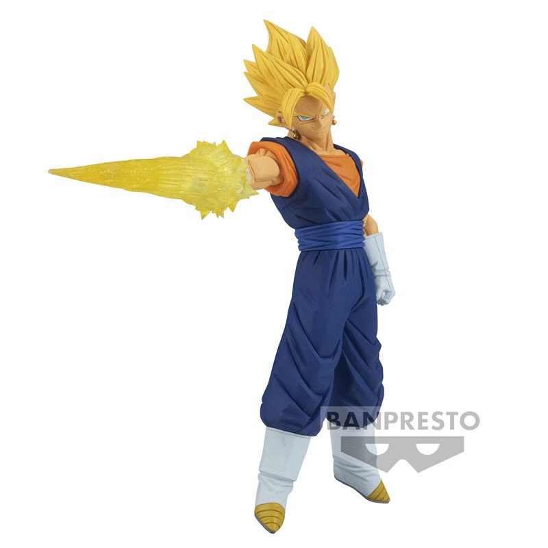 Figurine de Vegeto Super Saiyan de 17 cm en PVC, représentant le guerrier avec un costume aux couleurs inversées, des effets de Ki et des boucles d'oreilles Potaras.