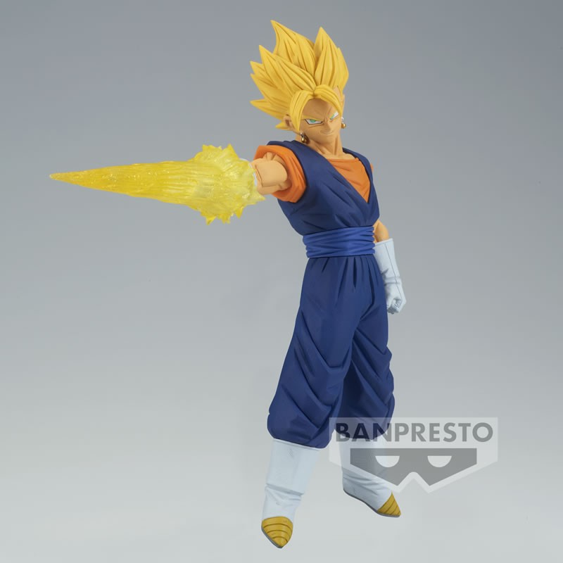 Figurine de Vegeto Super Saiyan de 17 cm en PVC, représentant le guerrier avec un costume aux couleurs inversées, des effets de Ki et des boucles d'oreilles Potaras.