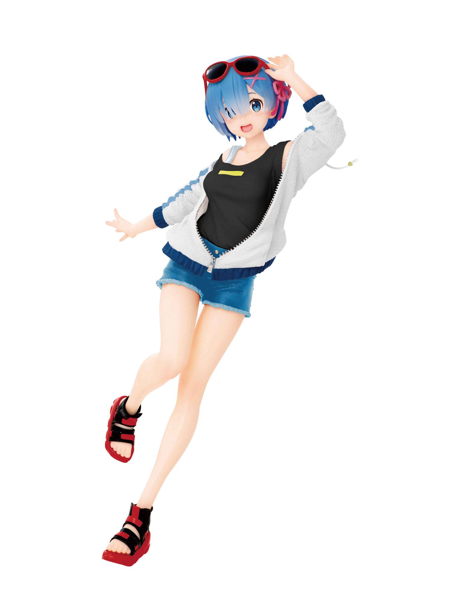 Vue 3/4 avant en plan d'ensemble de la figurine de Rem de Re:Zero - Starting Life in Another World en position de départ pour une marche en avant.