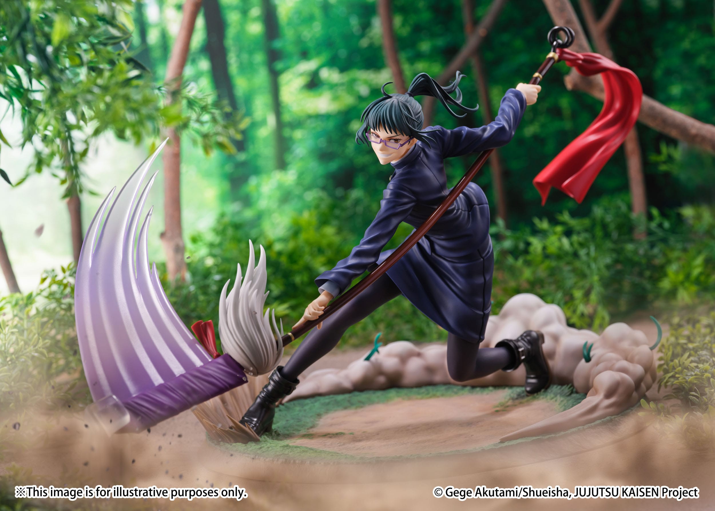Figurine  de Maki Zenin de la série Jujutsu Kaisen en tenue sombre, en posture dynamique avec expression déterminée, brandissant une grande arme en forme de faux. Vue de face à mi-distance.