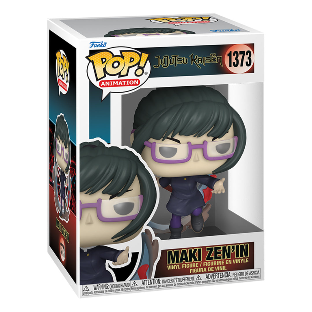 Figurine Funko Pop! de Maki Zen'in de la série Jujutsu Kaisen en tenue sombre avec accents violets et rouges, en posture dynamique avec expression déterminée, vue de face à mi-distance.