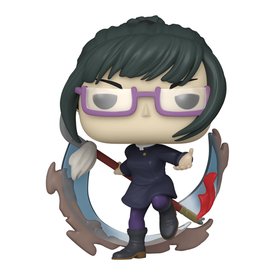 Figurine Funko Pop! de Maki Zenin de la série Jujutsu Kaisen en robe bleu foncé, en posture dynamique avec expression déterminée, tenant un grand pinceau rouge. Vue 3/4 à mi-distance.