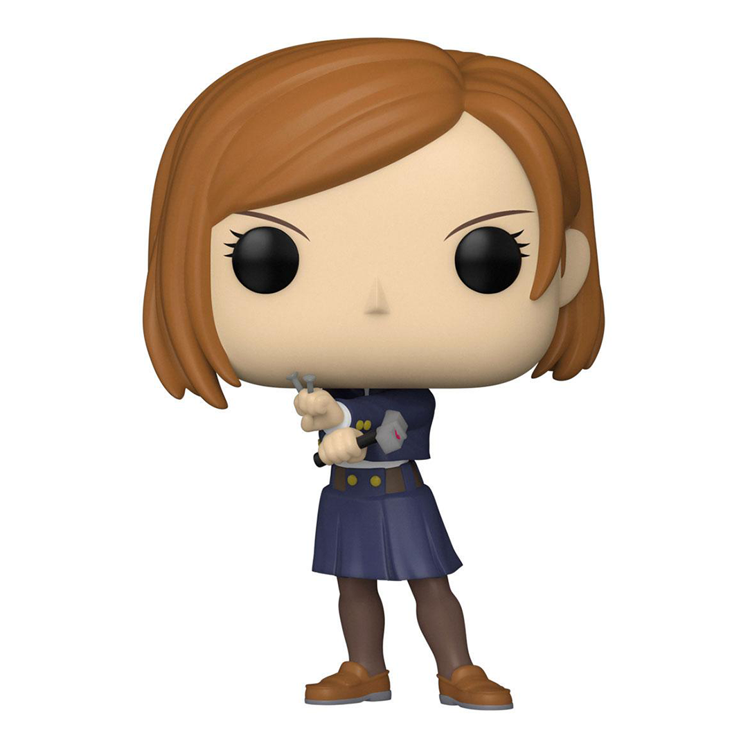 Figurine Funko Pop! de Nobara Kugisaki de la série Jujutsu Kaisen en uniforme bleu, en posture active avec expression neutre, tenant un outil. Vue de face à mi-distance.