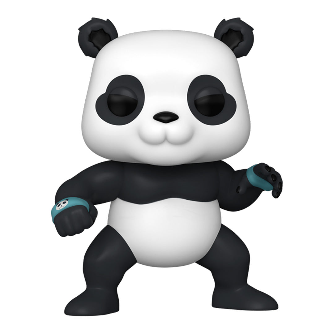 Figurine Funko Pop! de Panda de la série Jujutsu Kaisen, en posture dynamique avec expression amicale, portant des bracelets bleus. Vue de face à mi-distance.