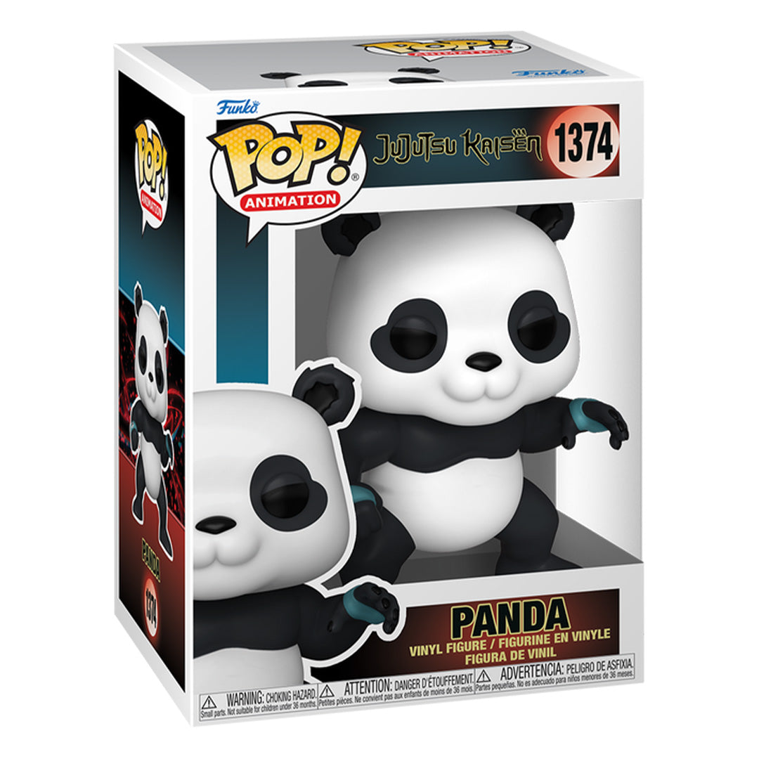 Figurine Funko Pop! de Panda de la série Jujutsu Kaisen en noir et blanc, en posture dynamique avec expression joyeuse, vue de face à mi-distance.