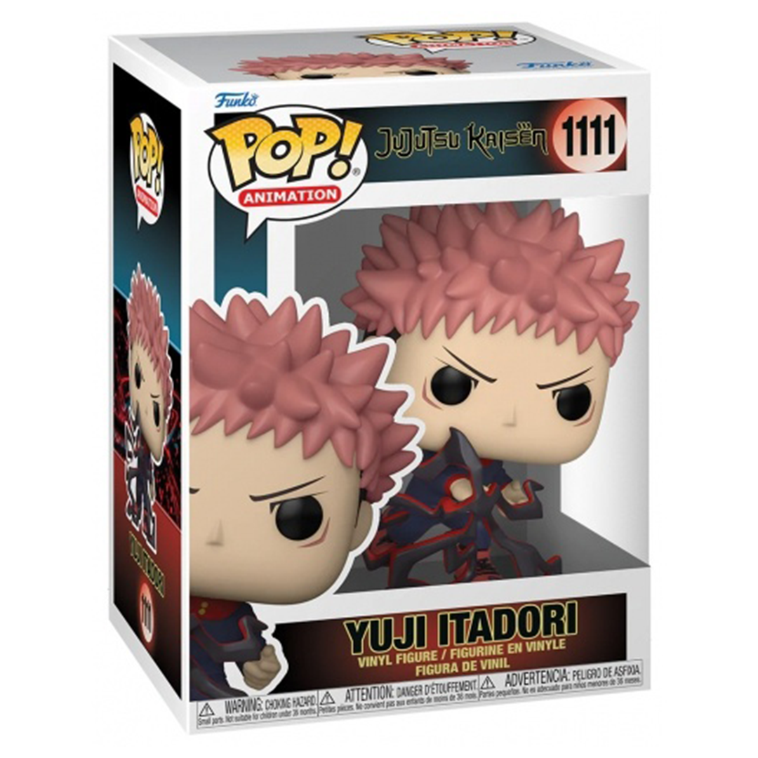 Figurine Funko Pop! de Yuji Itadori de la série Jujutsu Kaisen en tenue sombre avec détails rouges, en posture déterminée avec expression intense. Vue de face à mi-distance.