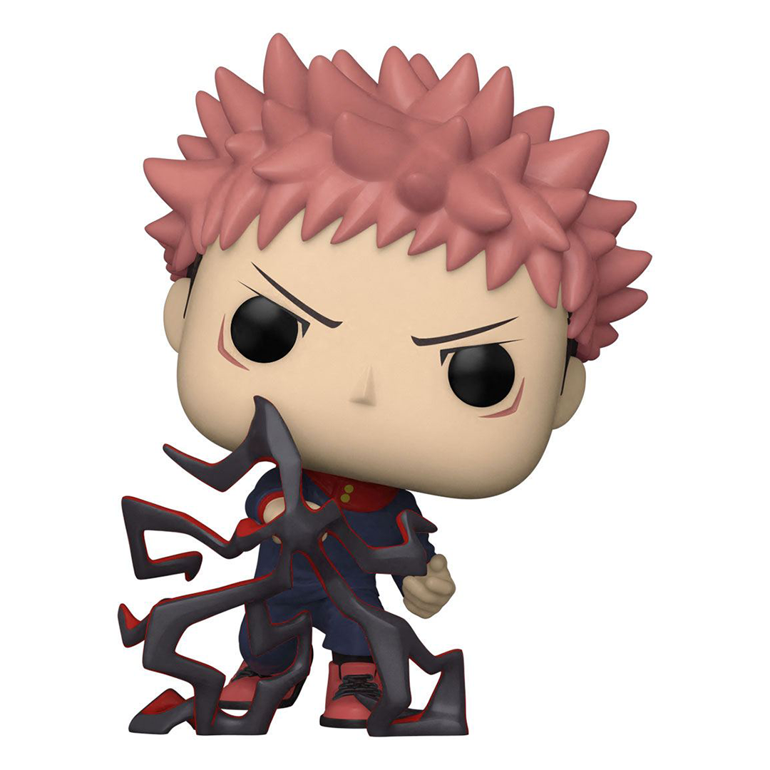 Figurine Funko Pop! de Yuji Itadori de la série Jujutsu Kaisen en tenue bleu foncé, en posture dynamique avec expression déterminée, émettant une aura rouge de l'avant-bras gauche. Vue 3/4 à mi-distance.